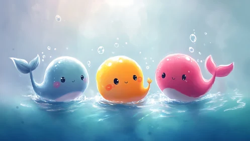 Playful pastel whales sharing a sunny ocean friendship.