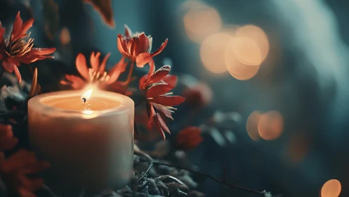 Soft candlelight glows among red flowers in tranquil dusk