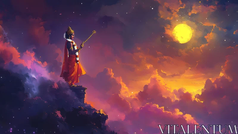 Digital painting of celestial figure on cliff at radiant dusk.