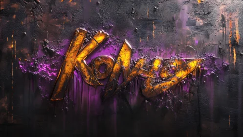 Molten gold graffiti logo on textured concrete wall surface.