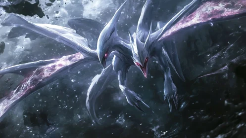 Twin storm wyverns lunging from a shattered midnight sky.