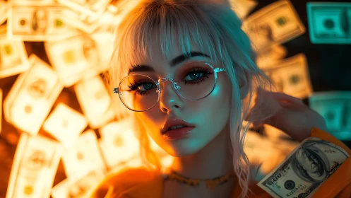 Neon-lit blonde model framed by floating currency notes.