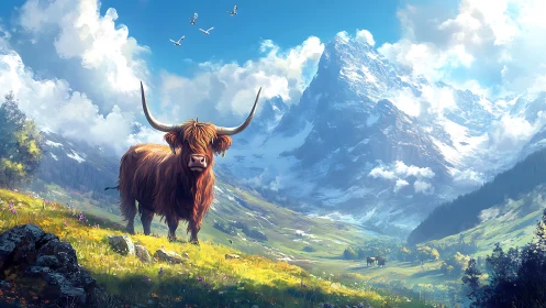 Highland cattle in alpine valley beneath snow peak.