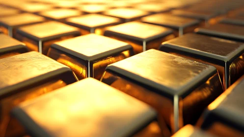 Golden grid of molten-sheen ingots under glowing light.