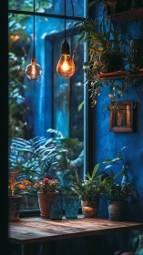 Warm pendant lights over lush indoor window garden at dusk.