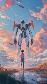 Vertical anime mecha encounter under cinematic sunset sky.