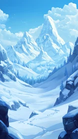 Snowbound alpine valley under towering blue peaks.