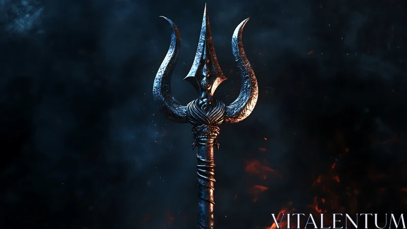 Stylized trident weapon against dark smoke and sparks.