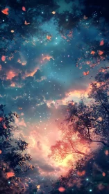 Bioluminescent twilight canopy with glowing butterflies and stars