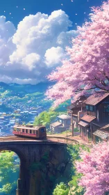 Mountain tram crosses spring bridge under pink sakura clouds