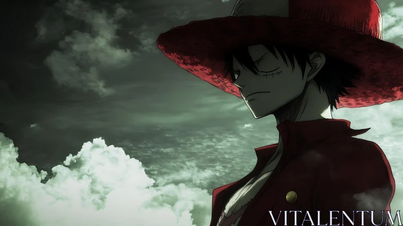 Backlit anime sailor in red hat framed against dramatic clouds