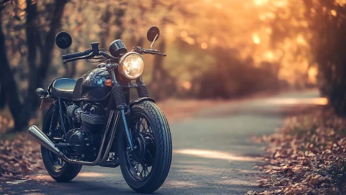Vintage cafe racer motorcycle on forest lane at golden hour