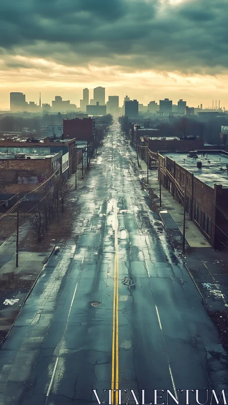 Empty wet city street leading to distant urban skyline.