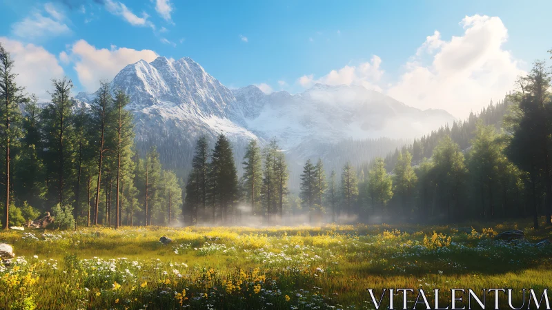 Sunlit alpine meadow opens below misty snow-capped peaks