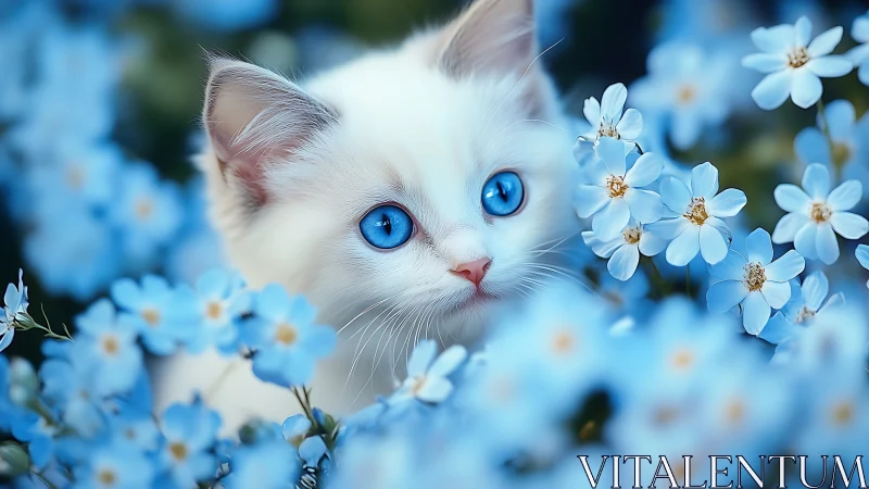 White Cat with Striking Blue Eyes Among Blue Flowers.