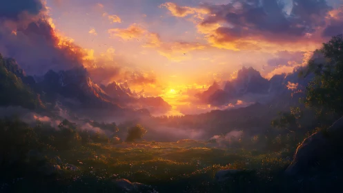 Sunlit valley cradled by misty mountains at golden hour.