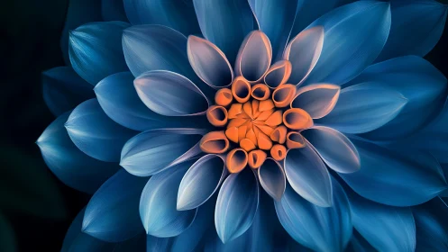 Blue Dahlia with Vivid Orange Center Florets Rendered in Digital Macro