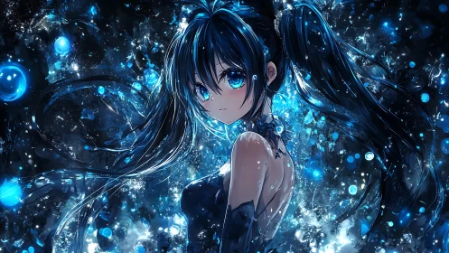 Celestial blue-haired anime girl rendered in luminous particle field