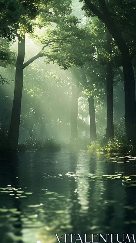 Luminous Forest Stream with Verdant Canopy.