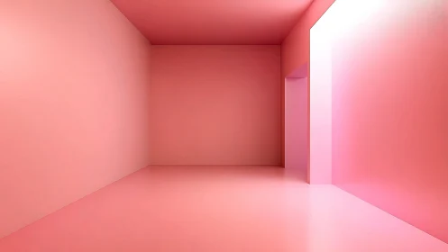 Minimal pink room interior with glowing doorway portal.