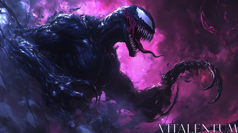 Ferocious alien symbiote erupting from swirling pink void.