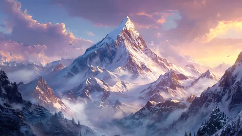 Sunlit mountain kingdom wrapped in dreamy pastel skies.