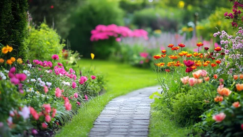 Sunlit garden path winds through colorful summer blooms.