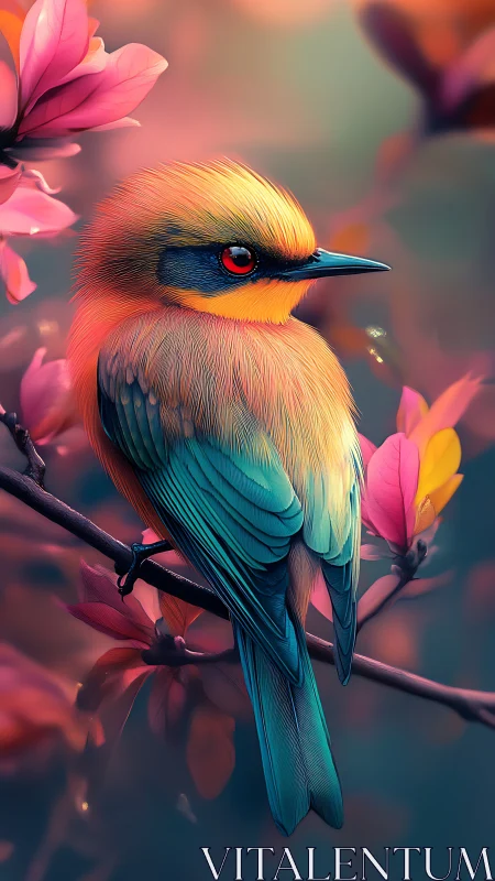 Colorful stylized songbird perched among pink blossoms.