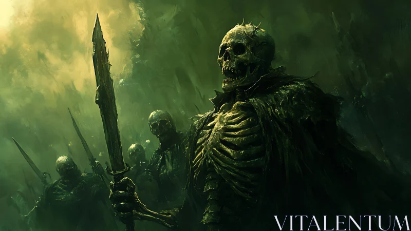 Skeletal warlord leads decayed undead legion in toxic green fog