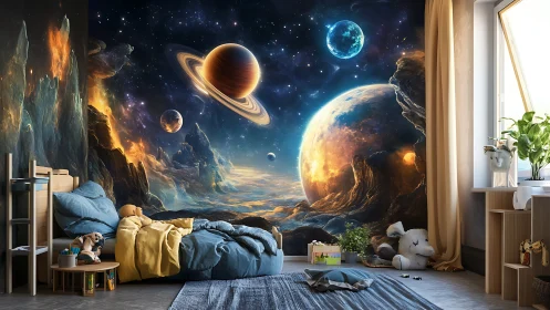 Kids bedroom glows under vivid cosmic planet mural wall