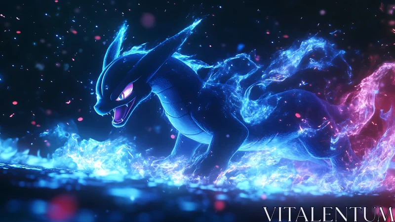 Bioluminescent dragon form advances through dual colored flames