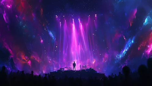 Cosmic concert stage under radiant neon aurora veils.