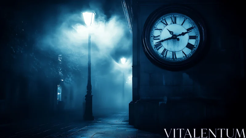 Foggy street with wall-mounted clock and lampposts at night.