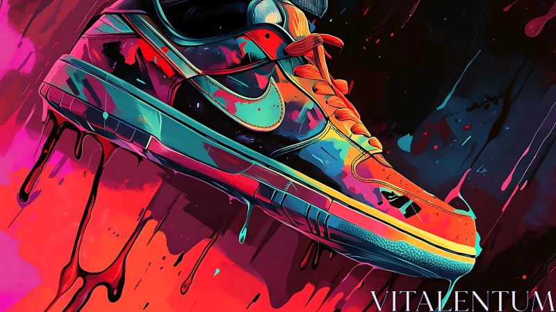 Neon sneaker drips vivid paint against dark abstract field