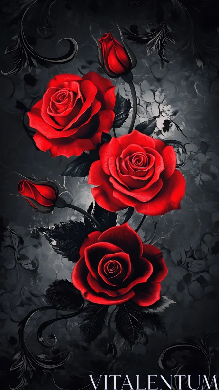 Red Roses on Dark Ornamental Background.