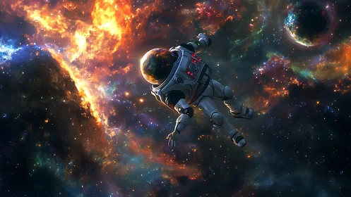 Stargazing astronaut drifts through blazing cosmic nebulae.