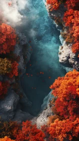 Vertical canyon pool with turquoise water and autumn foliage.