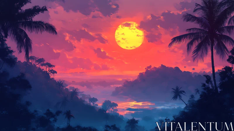Digital painting of tropical sunset with layered silhouettes.