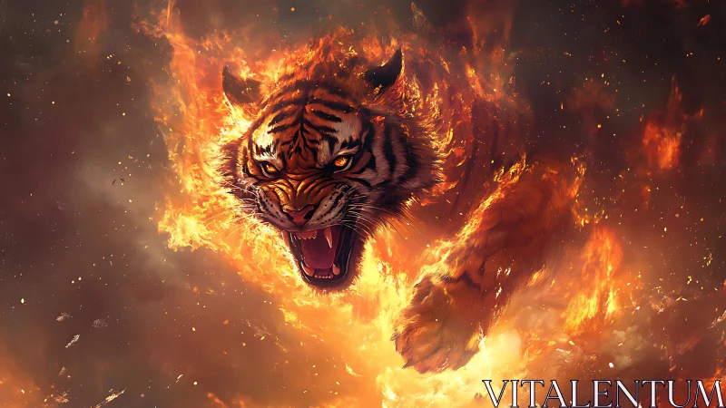 Infernal tiger lunging through swirling cinematic flames.