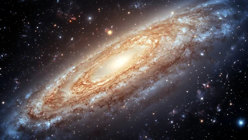 Spiral galaxy portrait with luminous core and dust-lane detailing.