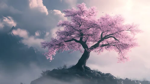 Isolated sakura tree on misted ridge with volumetric light.