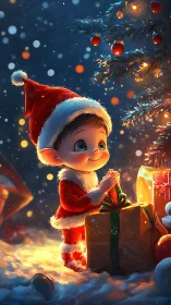 Tiny Santa helper unveiling glowing Christmas gifts at night.