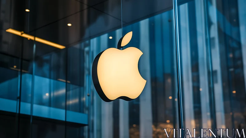 Illuminated apple logo glows inside glass-front retail store