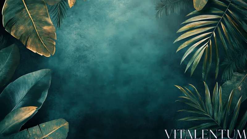 Calm tropical leaves framing a tranquil teal dreamscape.