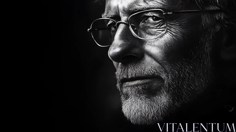 Silver-bearded skeptic in razor-edged monochrome glare.