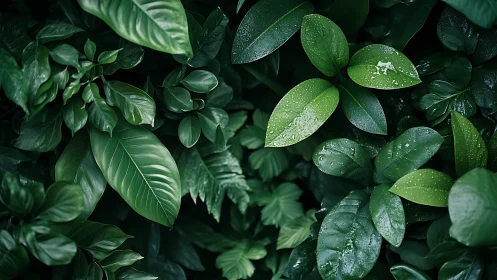 Lush tropical foliage with dew on glossy emerald leaves.