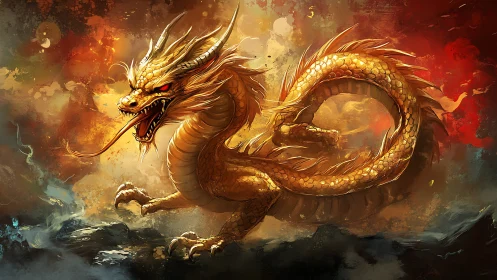 Golden storm dragon curls through firelit clouds of legend.