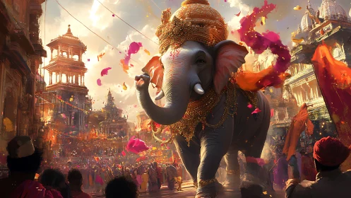 Regal festival elephant strides through vibrant temple street.