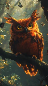 Ember-feathered owl conducts dawn light in forest hush