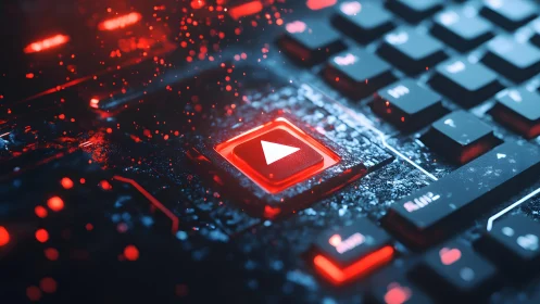 Futuristic Keyboard with Glowing Red Play Button, Digital Art Style.